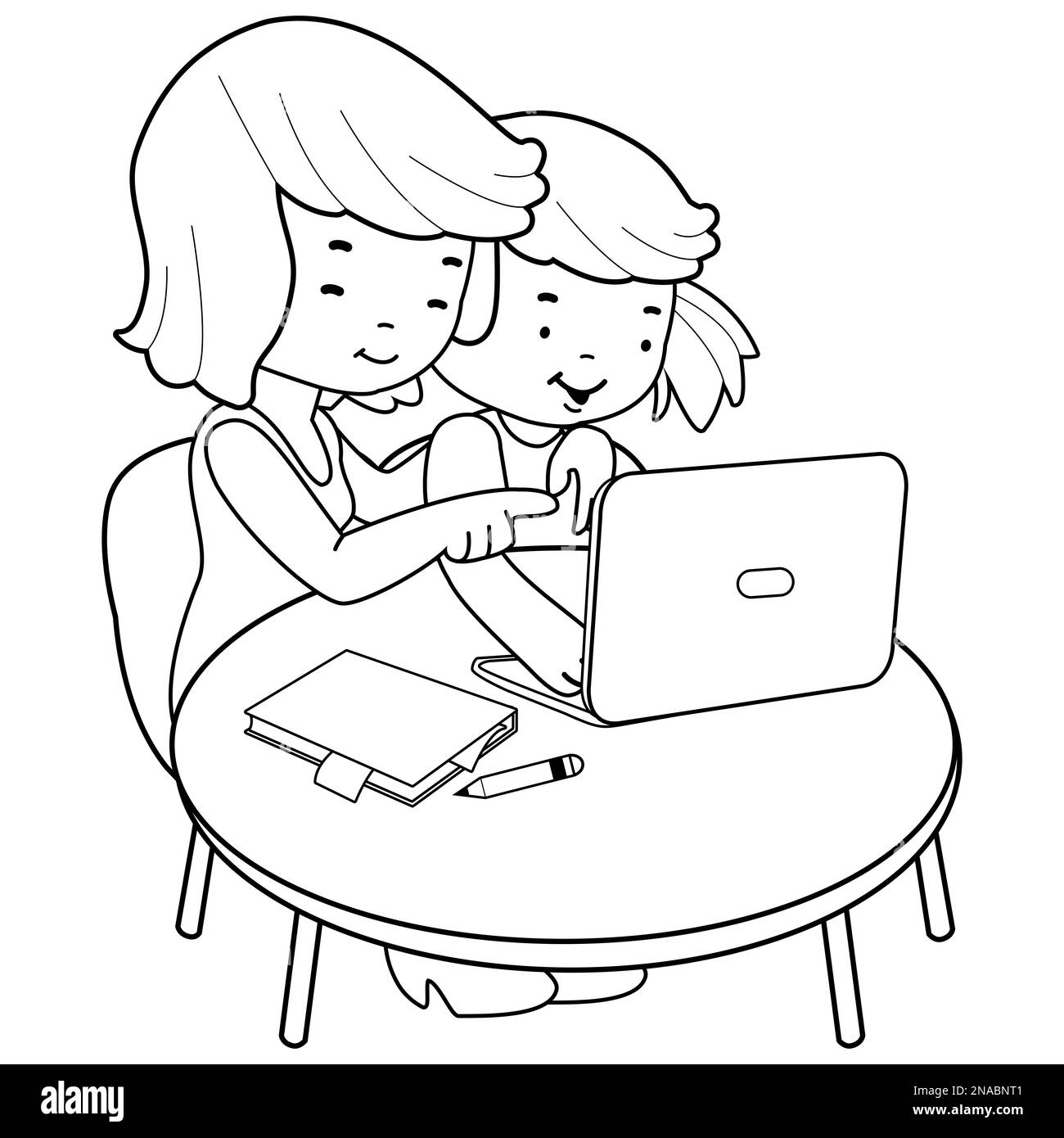 Eine Mutter und ein Kind sitzen auf dem Schreibtisch vor dem Computer. Schwarzweiß-Farbseite Stockfoto