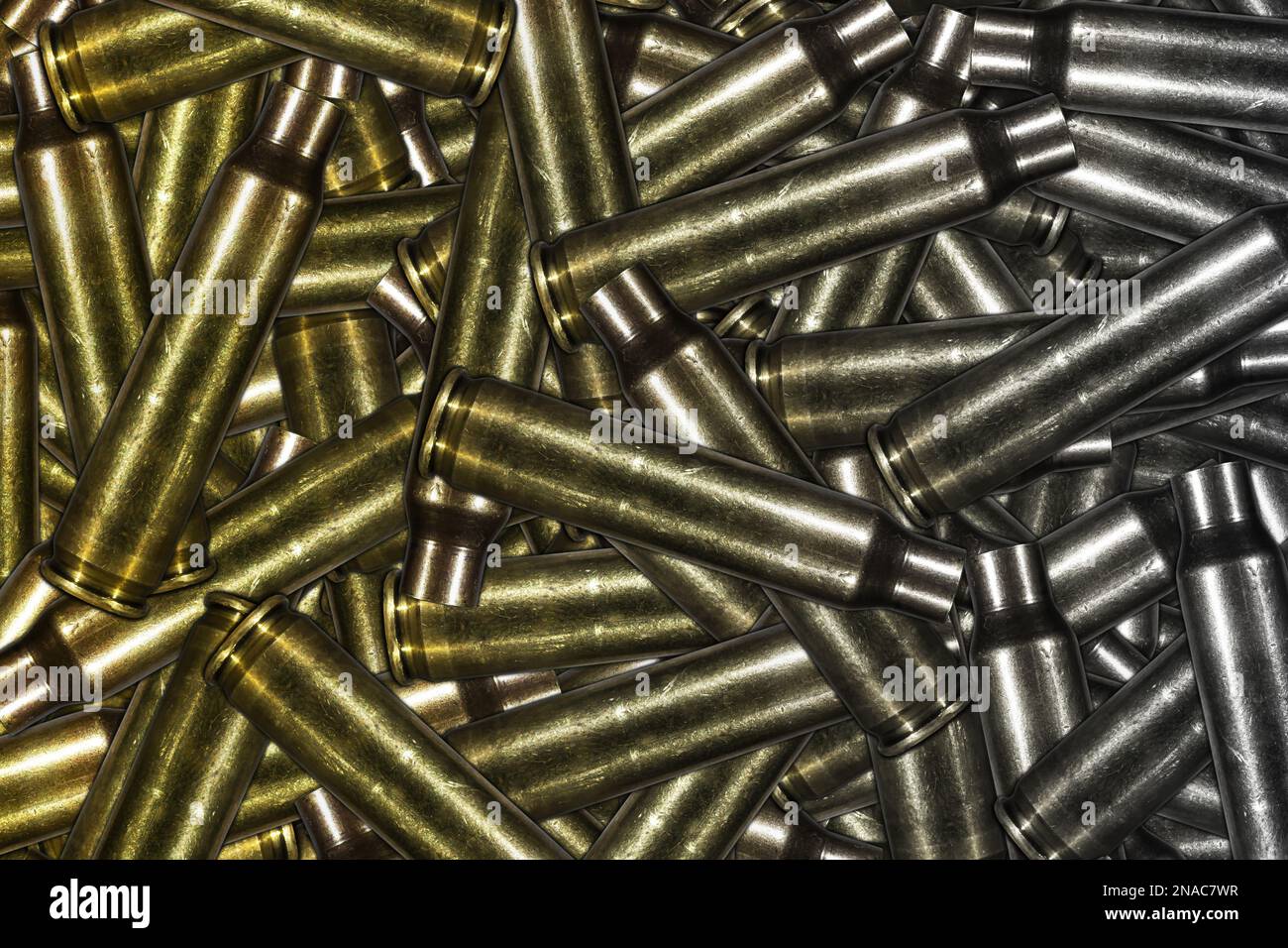 Farbiger zu schwarzweißer verlaufender Hintergrund vieler Gehäuse für Maschinengewehre in Nahaufnahme Stockfoto