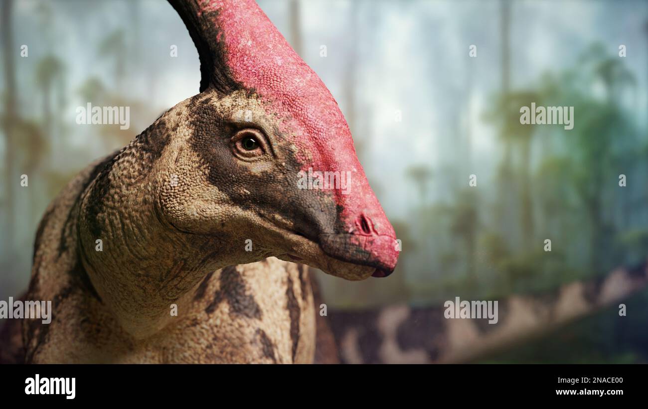 Parasaurolophus, Dinosaurier in einer wunderschönen Kreidewaldlandschaft Stockfoto