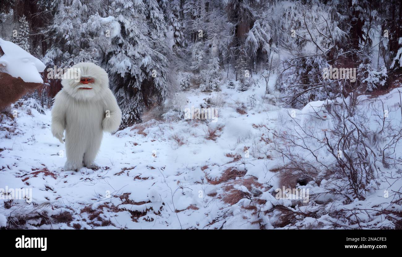 Yeti, haariger Bigfoot in verschneiter Landschaft Stockfoto
