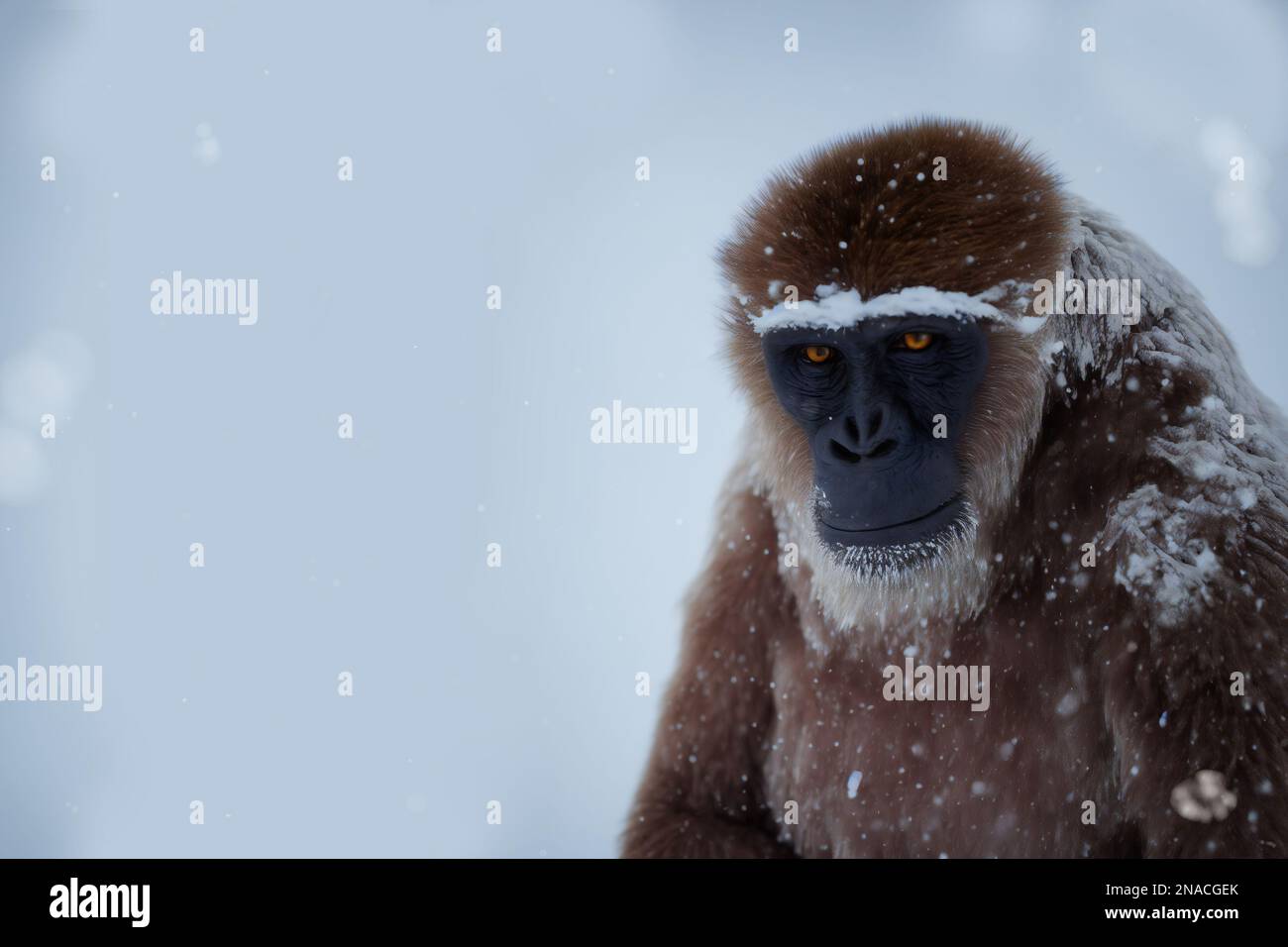 Yeti, Bigfoot in verschneiter Landschaft Stockfoto