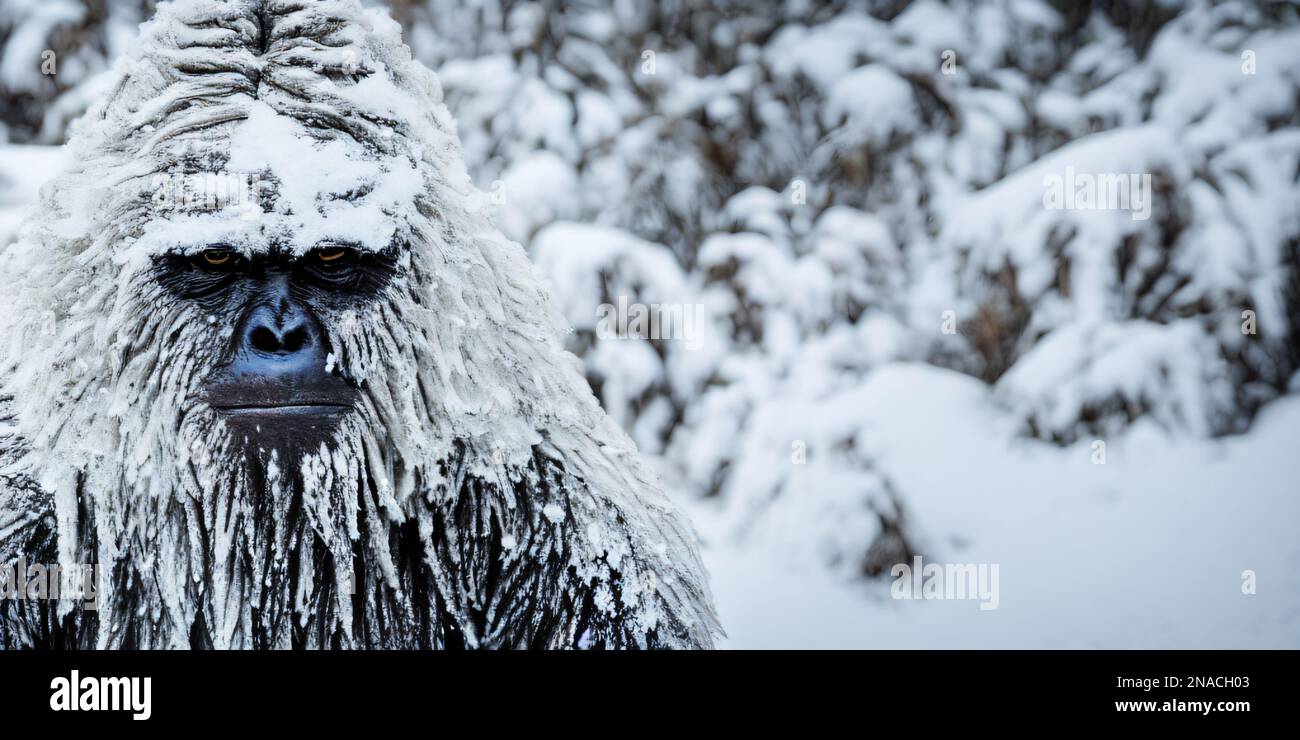 Yeti, haariger Bigfoot in verschneiter Landschaft Stockfoto