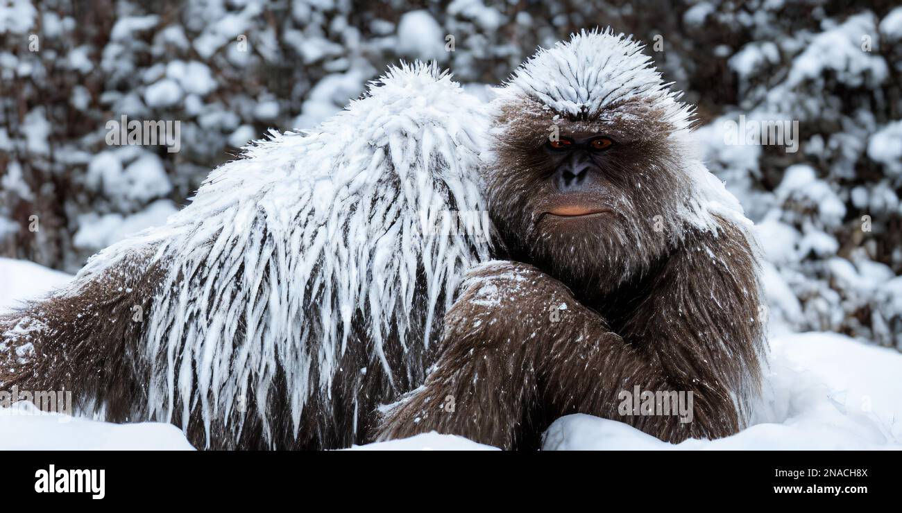 Yeti, haariger Bigfoot, der sich in einer verschneiten Landschaft entspannt Stockfoto