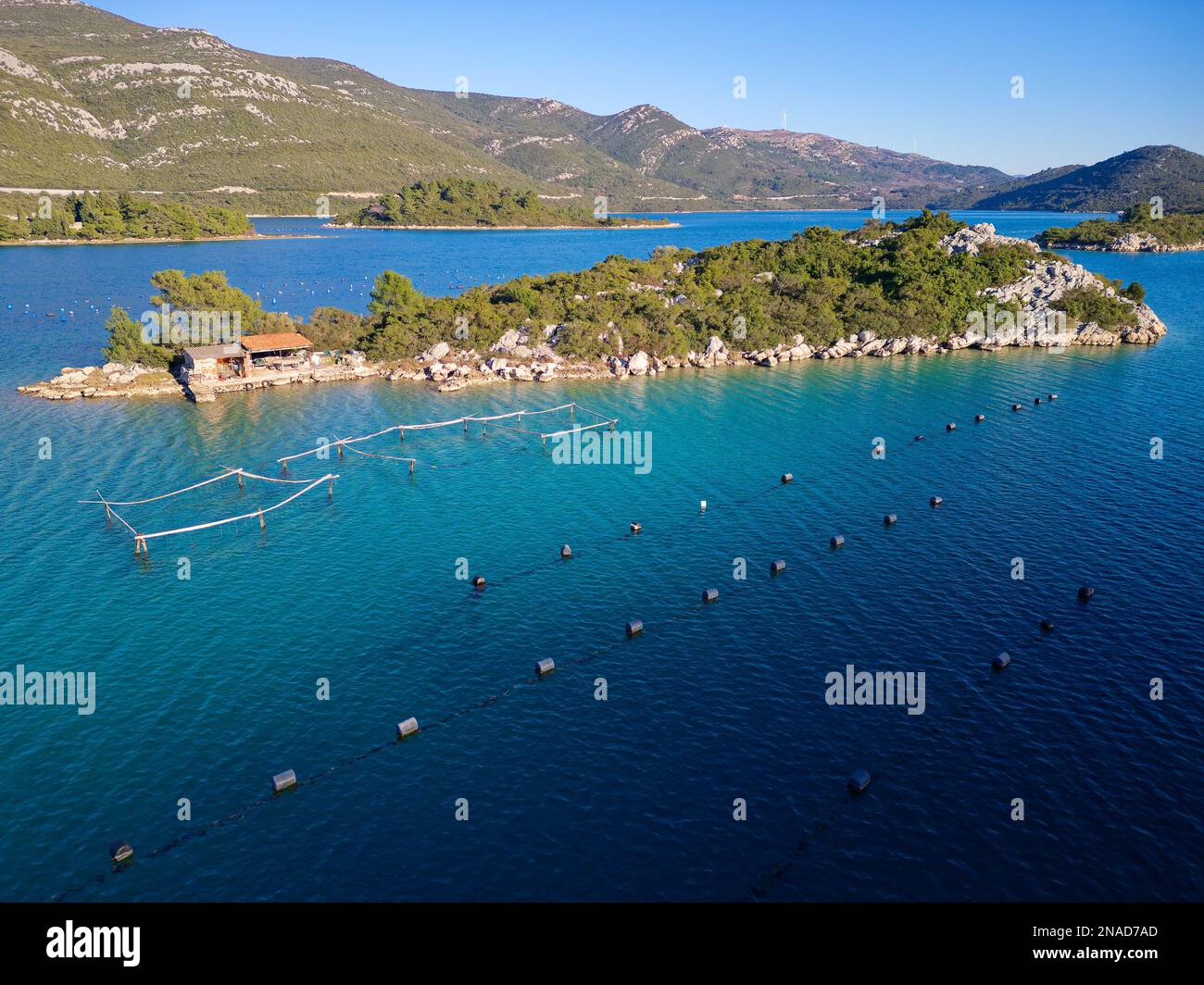 Draufsicht über die Bucht von Mali Ston auf der Halbinsel Peljesac. Austernfarmen im türkisfarbenen Meerwasser. Stockfoto