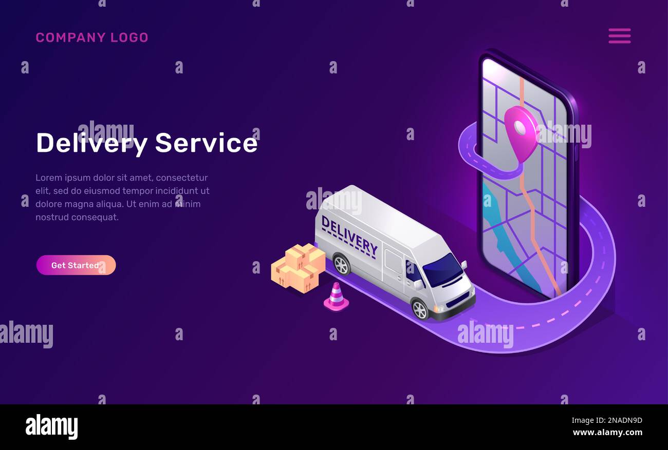 Mobile Delivery Service Online-App, vektorisometrisches Konzept. Mobiltelefonbildschirm mit Karte und gps-Schild, Straße und Kleinbus mit Paketen. Ultraviolettes Webbanner zur Sendungsverfolgung Stock Vektor