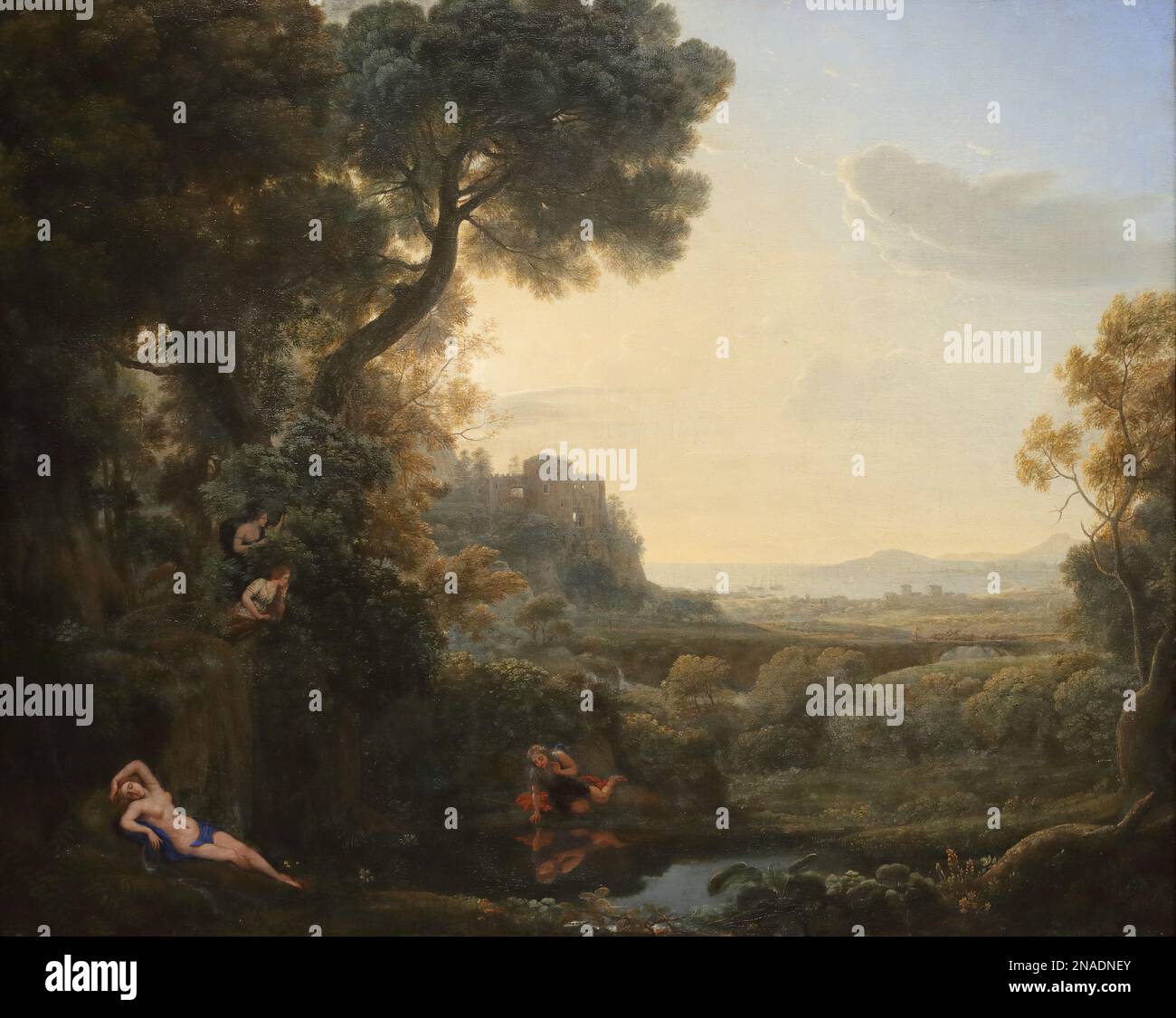 Landschaft mit Narcissus und Echo vom französischen Barockmaler Claude in der National Gallery, London, U Stockfoto
