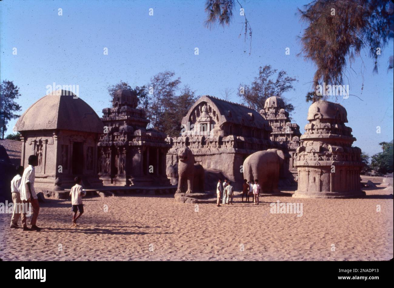 Der Ufertempel ist ein Komplex aus Tempeln und Schreinen mit Blick auf die Küste der Bucht von Bengal. Es befindet sich in Mahabalipuram, etwa 60 km südlich von Chennai in Tamil Nadu, Indien. Es ist ein baulicher Tempel, erbaut aus Granitblöcken aus dem 8. Jahrhundert n. Chr. Die Stätte verfügt über 40 antike Denkmäler und Hindu-Tempel, darunter die Abfahrt des Ganges oder Arjuna's Penance – eines der größten Freiluft-Felsgestein der Welt. Die Anlage besteht aus drei separaten Schreinen: Zwei dem gott Shiva gewidmet und einer Vishnu. Stockfoto