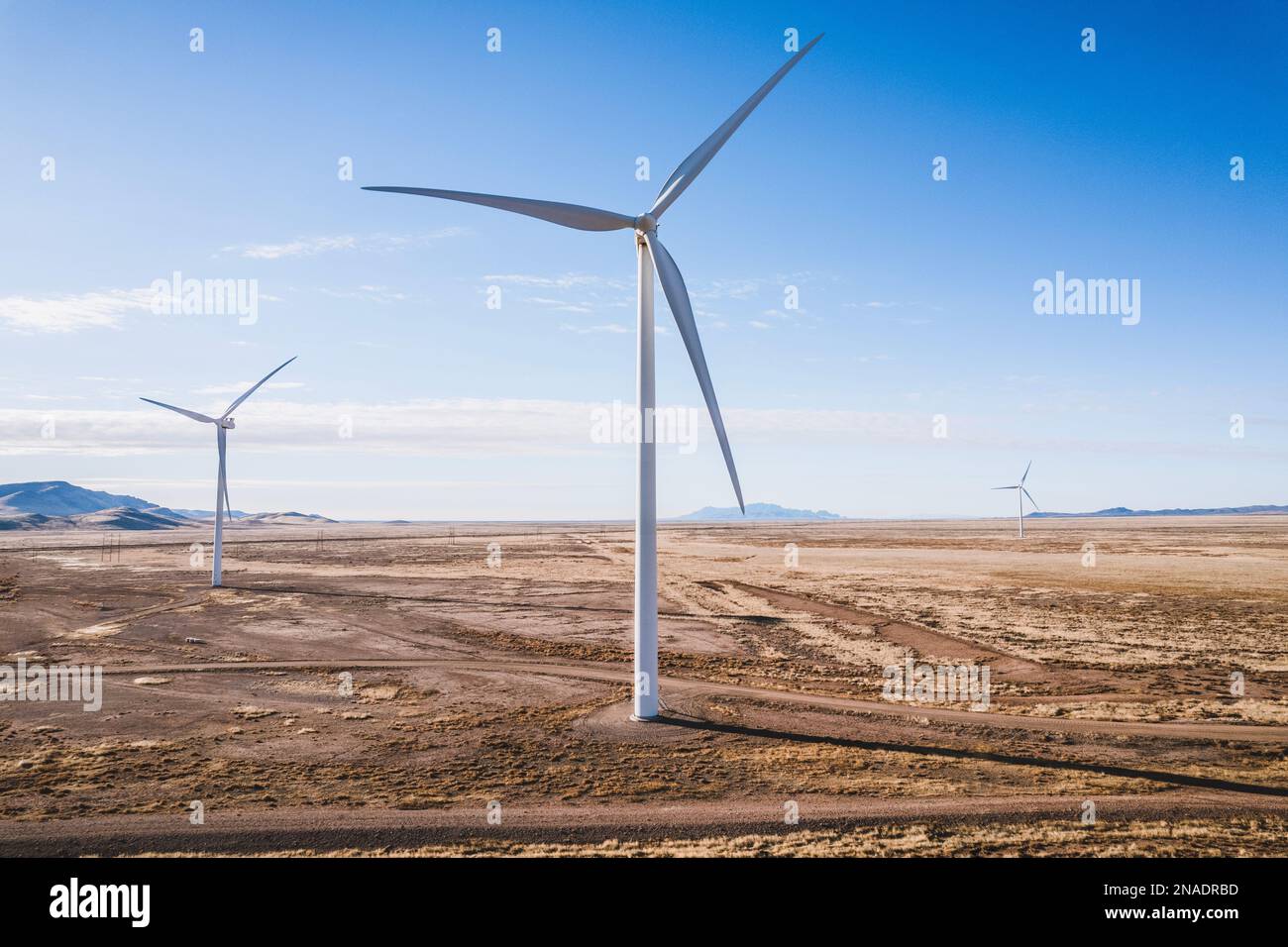 Windturbinen auf dem Windenergiepark Macho Springs in NM Stockfoto