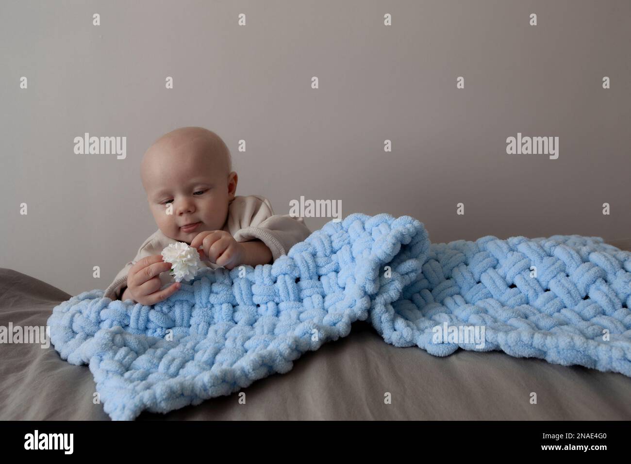 Kinder beobachten Blumen in der Nähe von neutralen Wänden und Bett mit hellblauer Decke Stockfoto