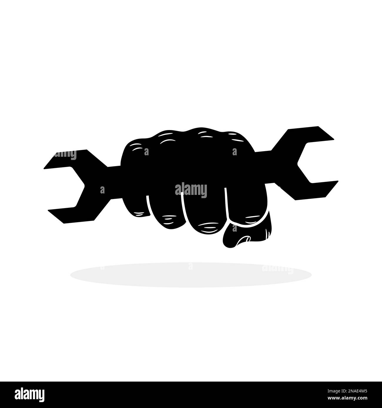 Faust mit Schraubenschlüssel. Hand mit einem Schraubenschlüssel. Hand mit Schraubenschlüssel. Logo-Design reparieren. Vektordarstellung. Stock Vektor