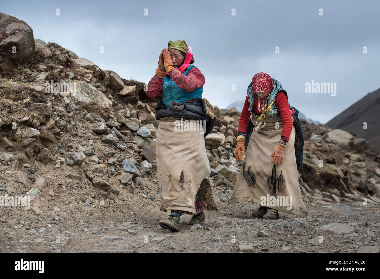 Pilger, die auf der Kora-Pilgerfahrt beginnen und sich auf dem Berg Kailash niederwerfen; tibetische Autonome Region, Tibet Stockfoto