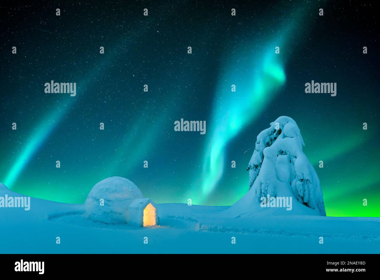 Aurora borealis. Nordlichter in Winterbergen. Winterliche Szene mit glühenden Polarlichtern und verschneitem Iglu. Weihnachtspostwagen Stockfoto