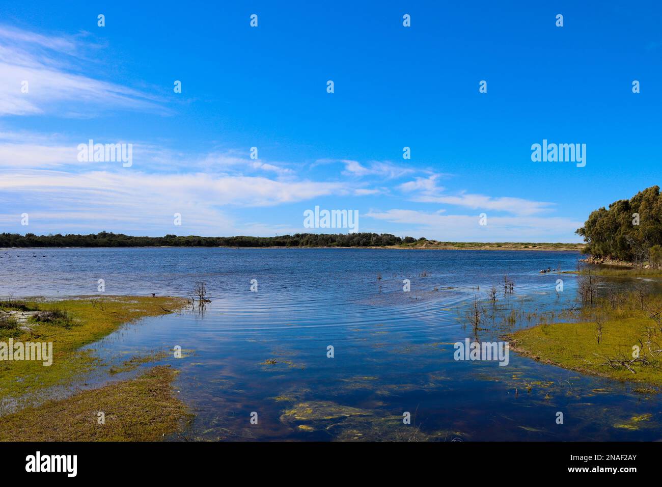 Coila Lake mit Blick auf Bingie. Stockfoto