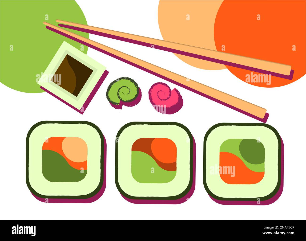 Leuchtendes Sushi-Trendbanner. Werbung für Sushi und Brötchen. Asiatisches Essen. Japanisches Essen. Stock Vektor