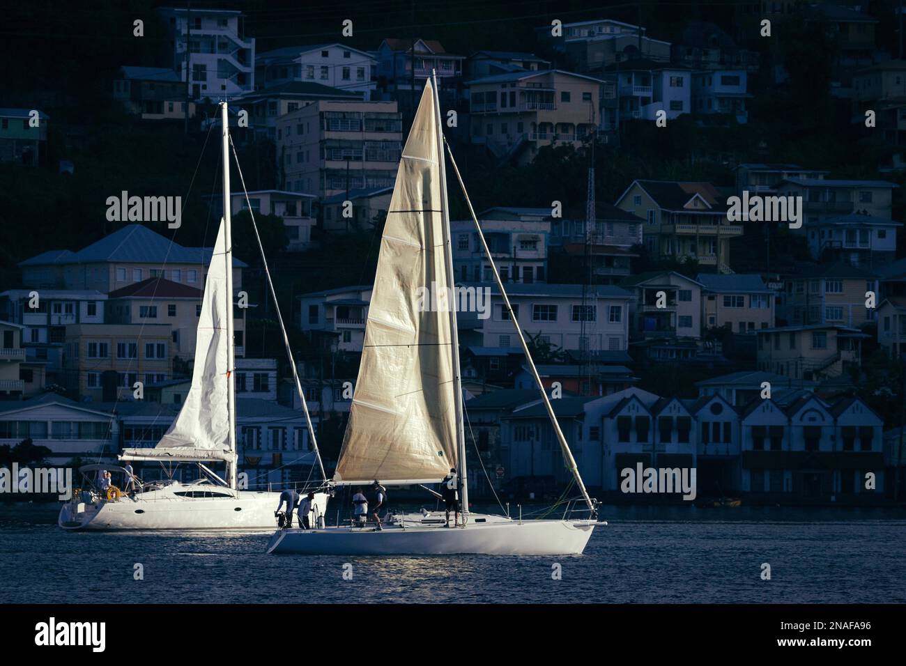 Segeln vor der Insel Grenada in der Karibik. Szene vom 2011 Mt. Gay Rum Yachtrennen, das die Insel Grenada umrundet Stockfoto