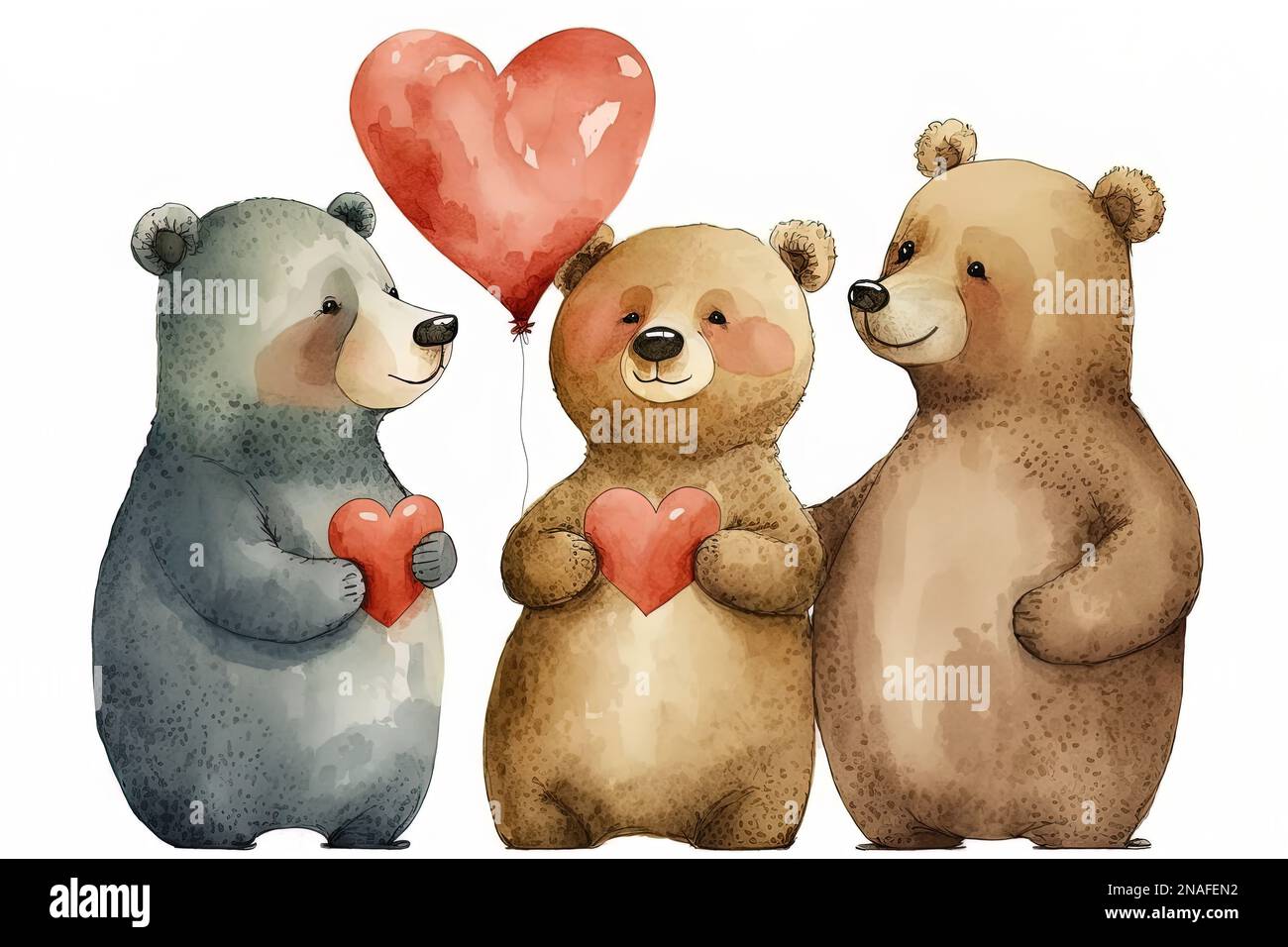 Süß Happy Valentinstag Braune Teddybären bezaubernde Cartoon Aquarell. Qualitativ hochwertige Darstellung Stockfoto