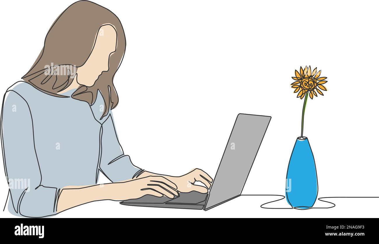 Farbige einzeilige Zeichnung einer Unternehmerin mit Laptop-Computer, Strichkunstgrafik-Vektorgrafik Stock Vektor
