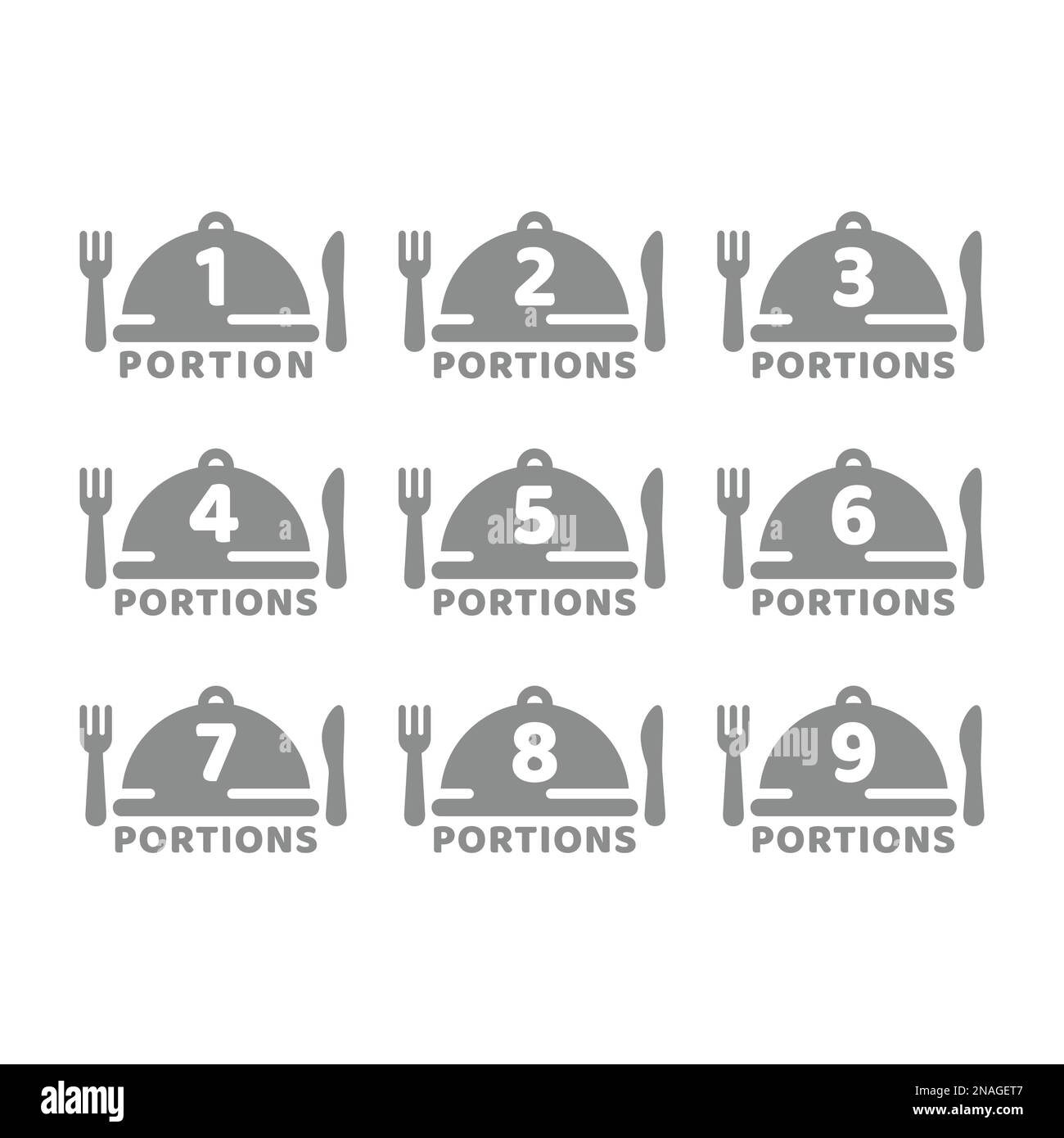 Portionsgröße mit Vektorsymbol für den Geschirrbezug. Ein, zwei Essenssymbole. Stock Vektor