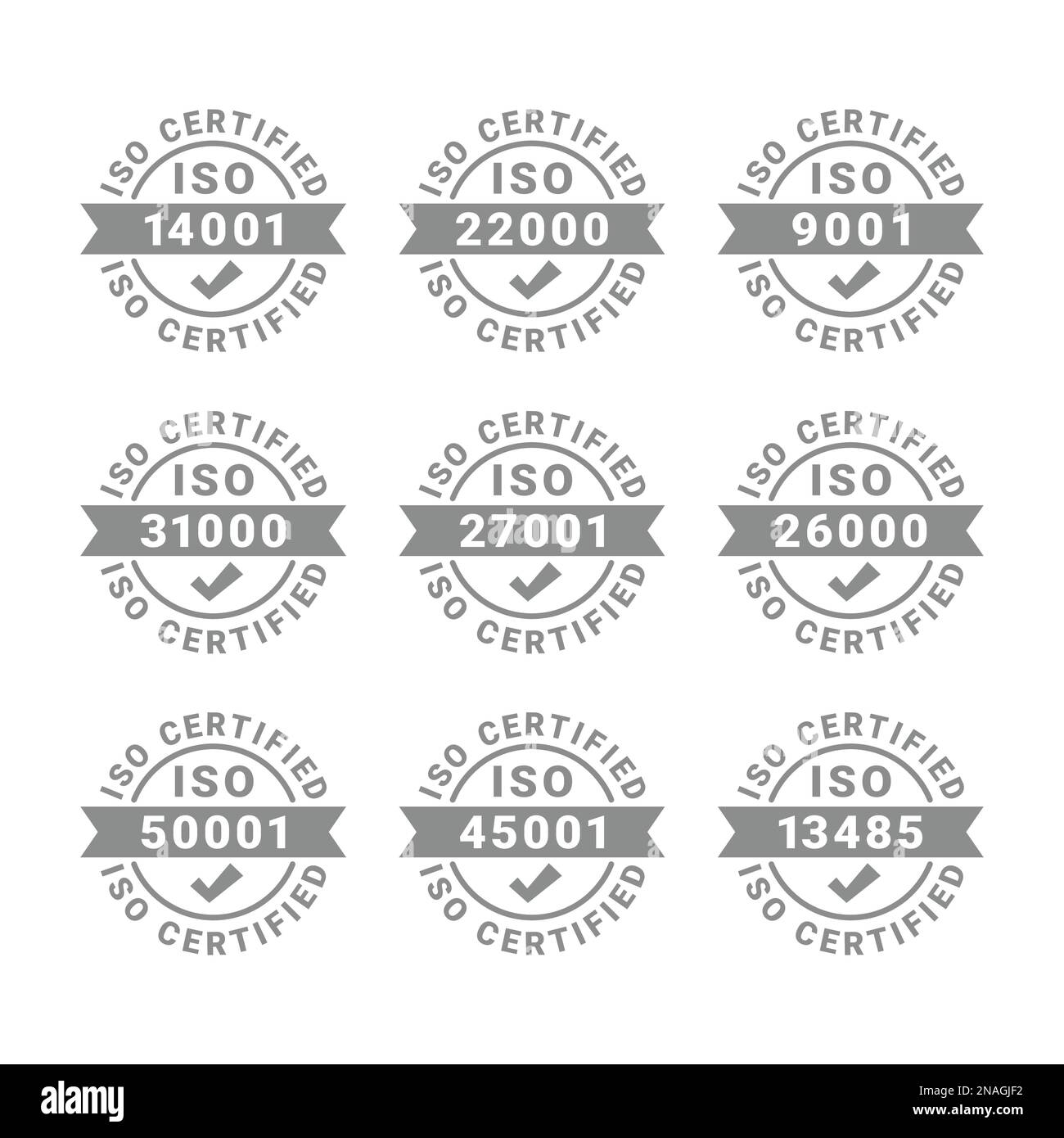 ISO-zertifizierter Vektorbeschriftungssatz. Vektorsymbole für 9001- und 50001-Zertifikatskennzeichen. Stock Vektor