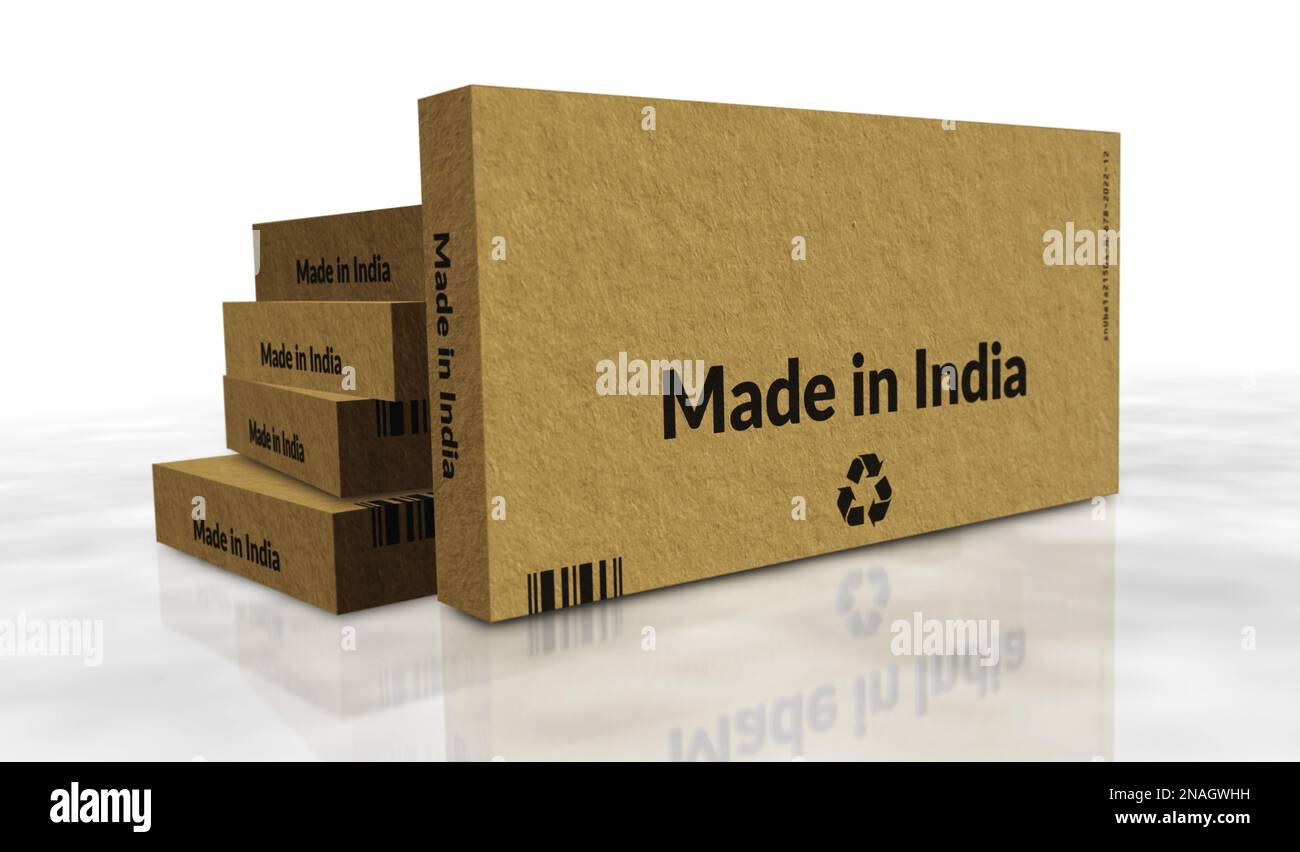 Hergestellt in India Box Produktionslinie. Fertigung und Lieferung. Produktfabrik, Import und Export. Abstrakte Darstellung des Konzepts für 3D-Rendering. Stockfoto