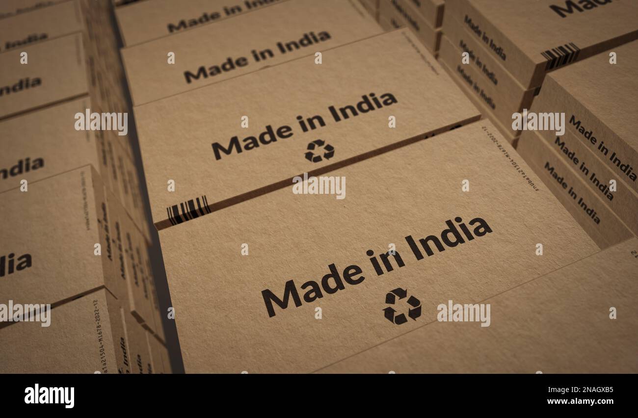Hergestellt in India Box Produktionslinie. Fertigung und Lieferung. Produktfabrik, Import und Export. Abstrakte Darstellung des Konzepts für 3D-Rendering. Stockfoto