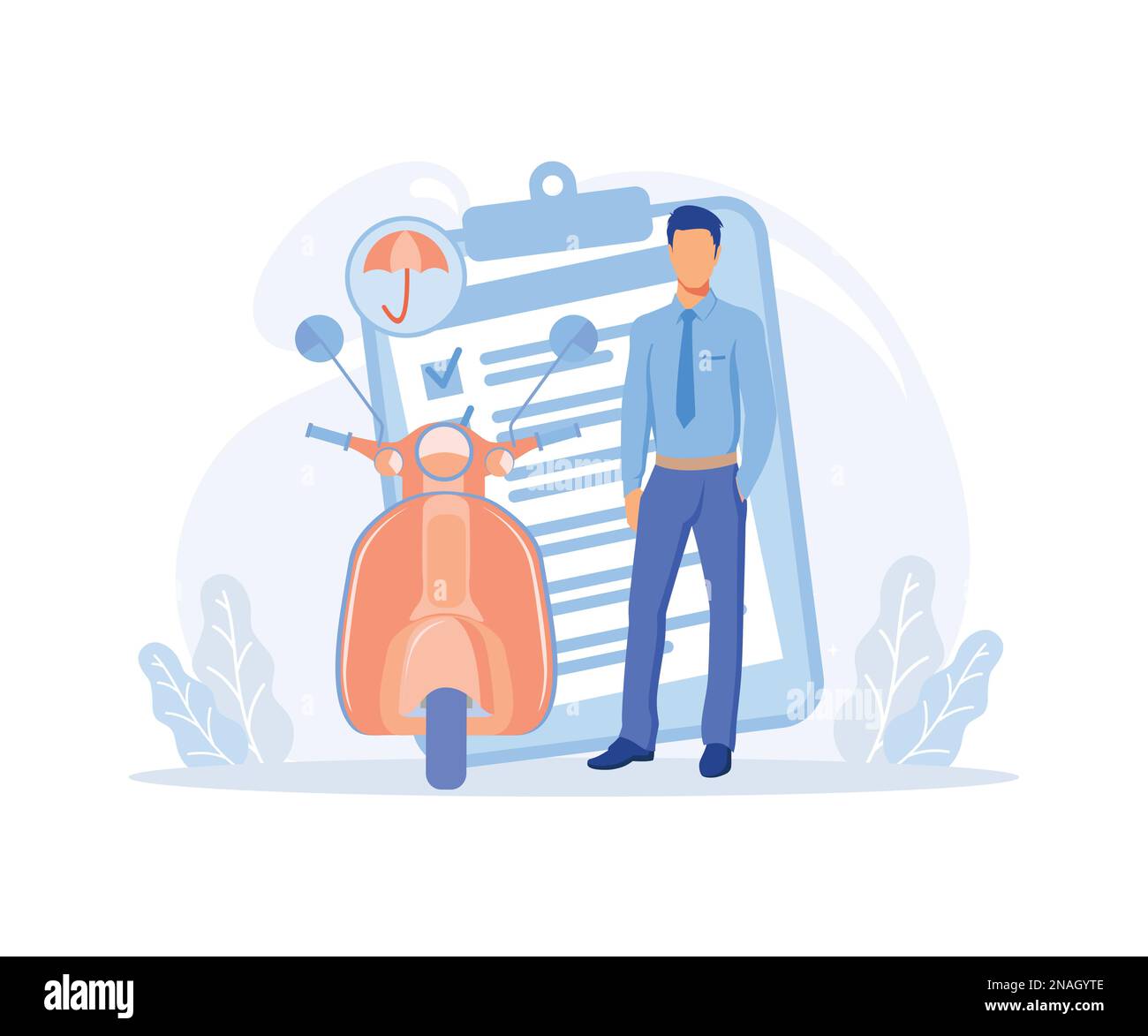 Abbildung der Fahrzeugversicherung. Charaktere, die eine Auto-, Fahrrad- und Motorradversicherung mit voller Deckung und Schutz erwerben. Versicherte Personen und o Stock Vektor