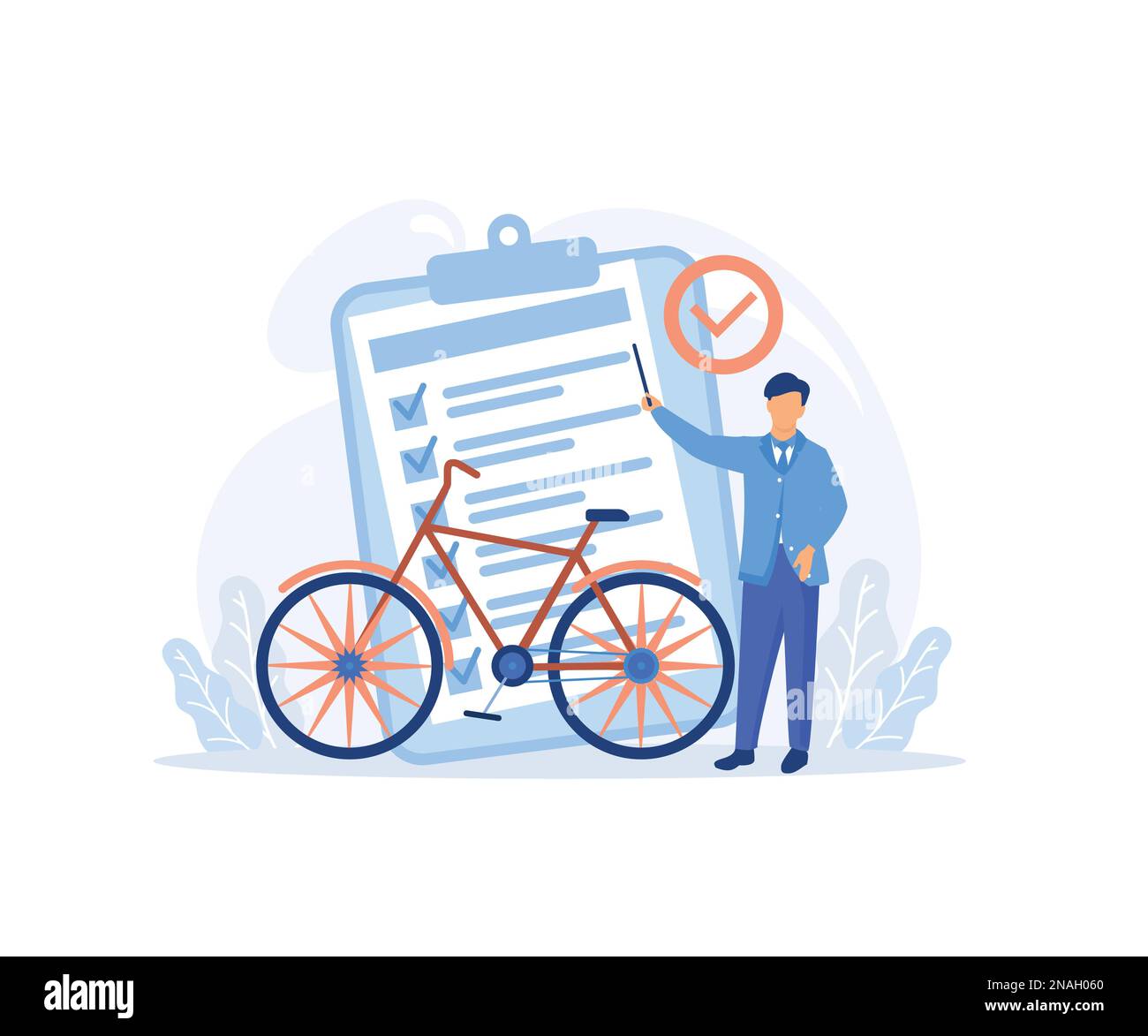 Abbildung der Fahrzeugversicherung. Charaktere, die eine Auto-, Fahrrad- und Motorradversicherung mit voller Deckung und Schutz erwerben. Versicherte Personen und o Stock Vektor