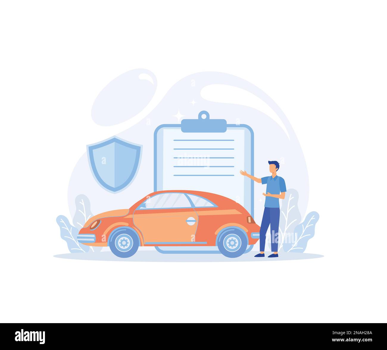 Abbildung der Fahrzeugversicherung. Charaktere, die eine Auto-, Fahrrad- und Motorradversicherung mit voller Deckung und Schutz erwerben. Versicherte Personen und o Stock Vektor