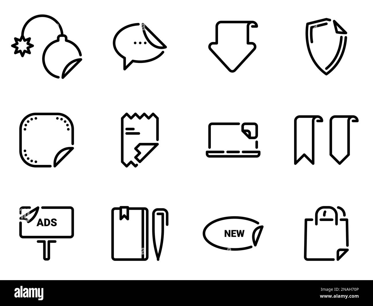 Satz schwarzer Vektorsymbole, isoliert vor weißem Hintergrund. Flache Abbildung auf Titelaufklebern, Dateien und Lesezeichen Stock Vektor