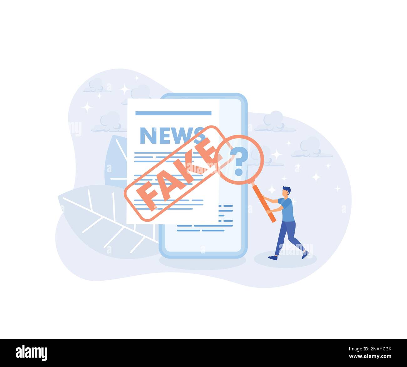 Illustration einer gesunden Ernährung. Charaktere lesen Finanz-, Wirtschafts- und Weltnachrichten in Zeitungen. Menschen analysieren gefälschte Informationen in Social medi Stock Vektor