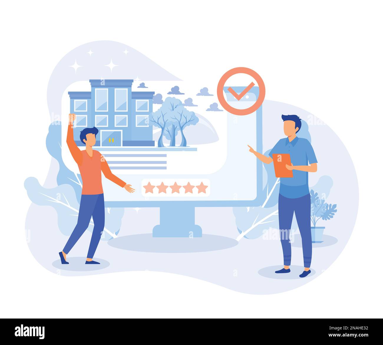 Illustration der Immobiliensuche. Charaktere suchen nach Wohnungen oder Häusern und wählen diese aus, um sie zu mieten oder zu kaufen. Immobilienmarktkonzept. Flachvektormoder Stock Vektor