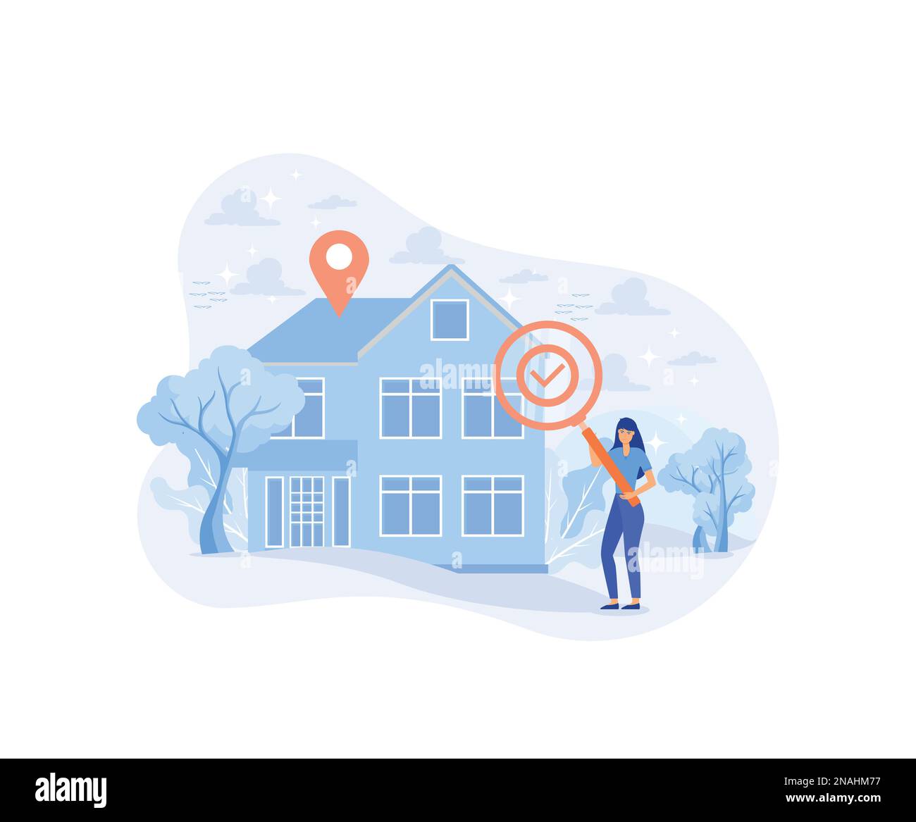 Illustration der Immobiliensuche. Charaktere suchen nach Wohnungen oder Häusern und wählen diese aus, um sie zu mieten oder zu kaufen. Immobilienmarktkonzept. Flachvektormoder Stock Vektor