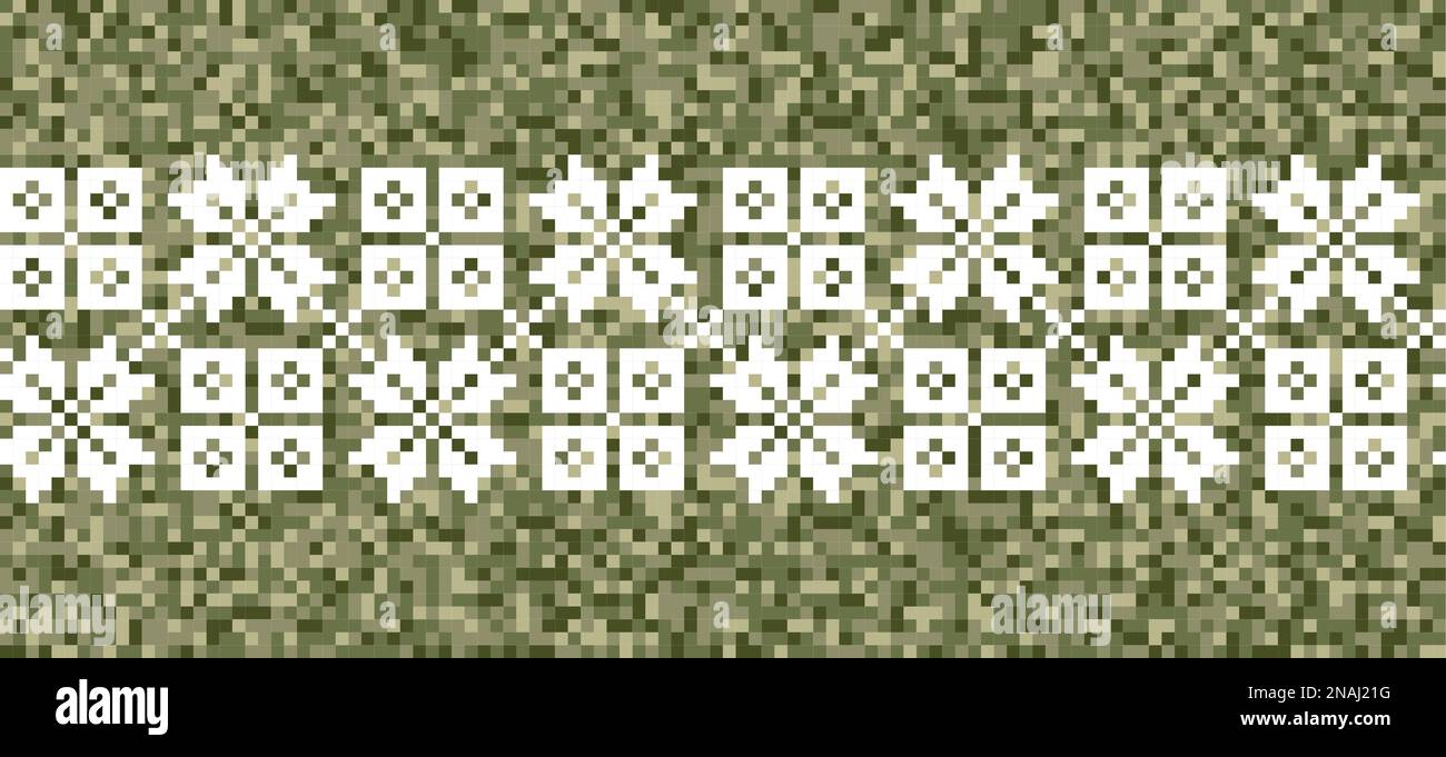 Militärisches Pixel-Art-Vektormuster. Modedruck in Grün. Traditionelle ukrainische Stickerei. Militärisch strukturierte Einrichtung, nahtlos Stock Vektor Militärisches Pixel-Art-Vektormuster. Modedruck in Grün. Traditionelle ukrainische Stickerei. Militärisch strukturierte Einrichtung, nahtlos Stock Vektor