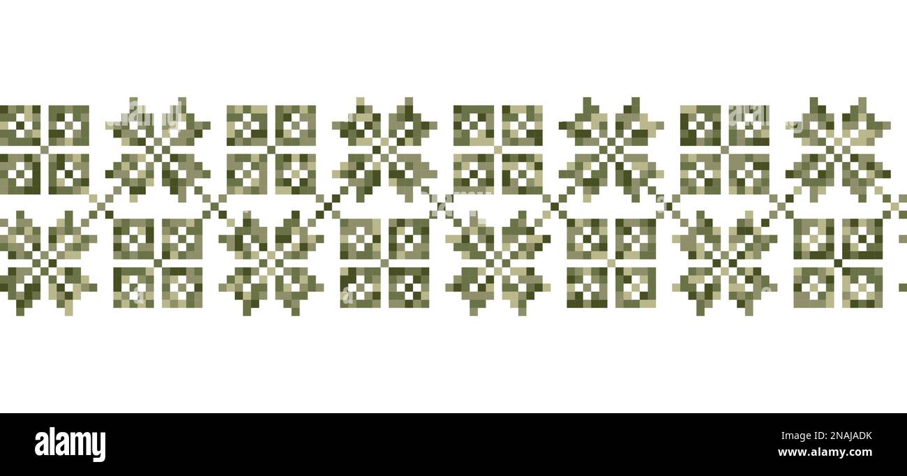 Militärisches Pixel-Art-Vektormuster. Modedruck in Grün. Traditionelle ukrainische Stickerei. Militärisch strukturierte Einrichtung, nahtlos Stock Vektor Militärisches Pixel-Art-Vektormuster. Modedruck in Grün. Traditionelle ukrainische Stickerei. Militärisch strukturierte Einrichtung, nahtlos Stock Vektor