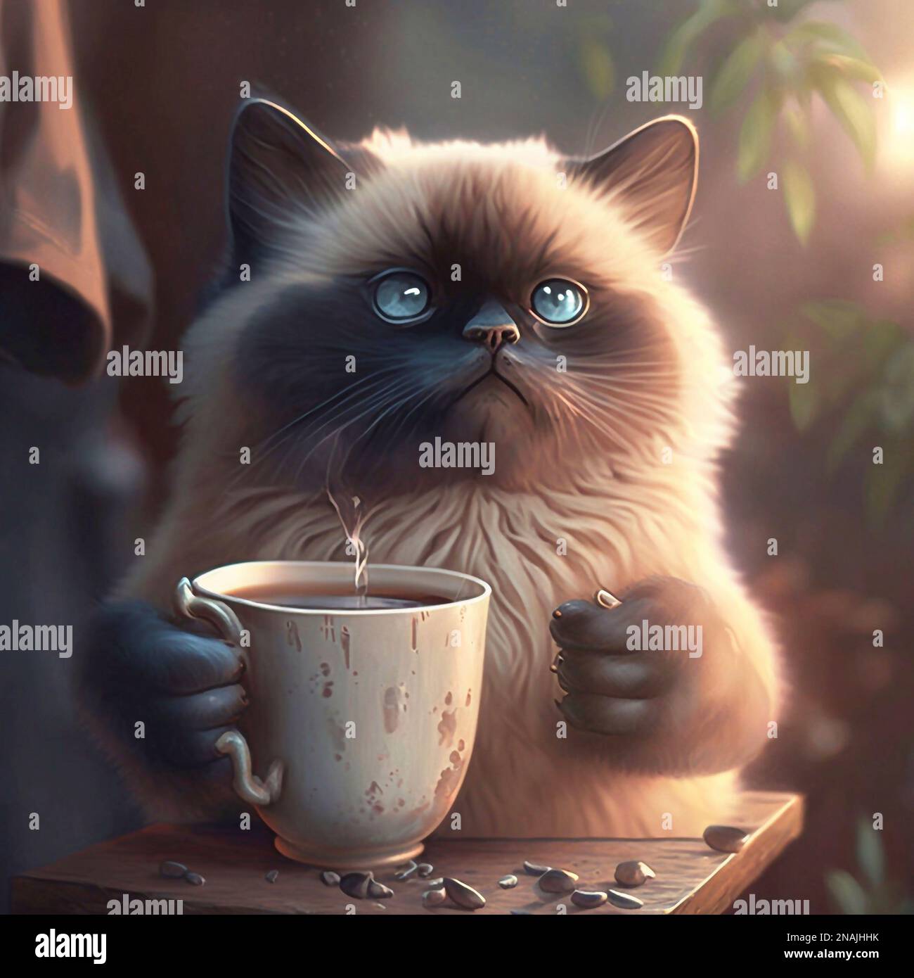 Illustration einer süßen Katze, die eine Tasse Kaffee hält, guten Morgen  (Generative AI Stockfotografie - Alamy