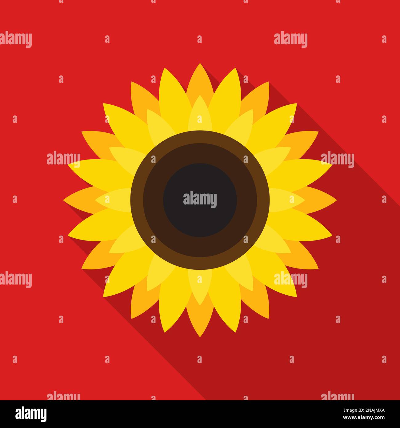 Sonnenblumensymbol im flachen Stil mit langem Schatten auf rotem Hintergrund. Vektordarstellung. Stock Vektor