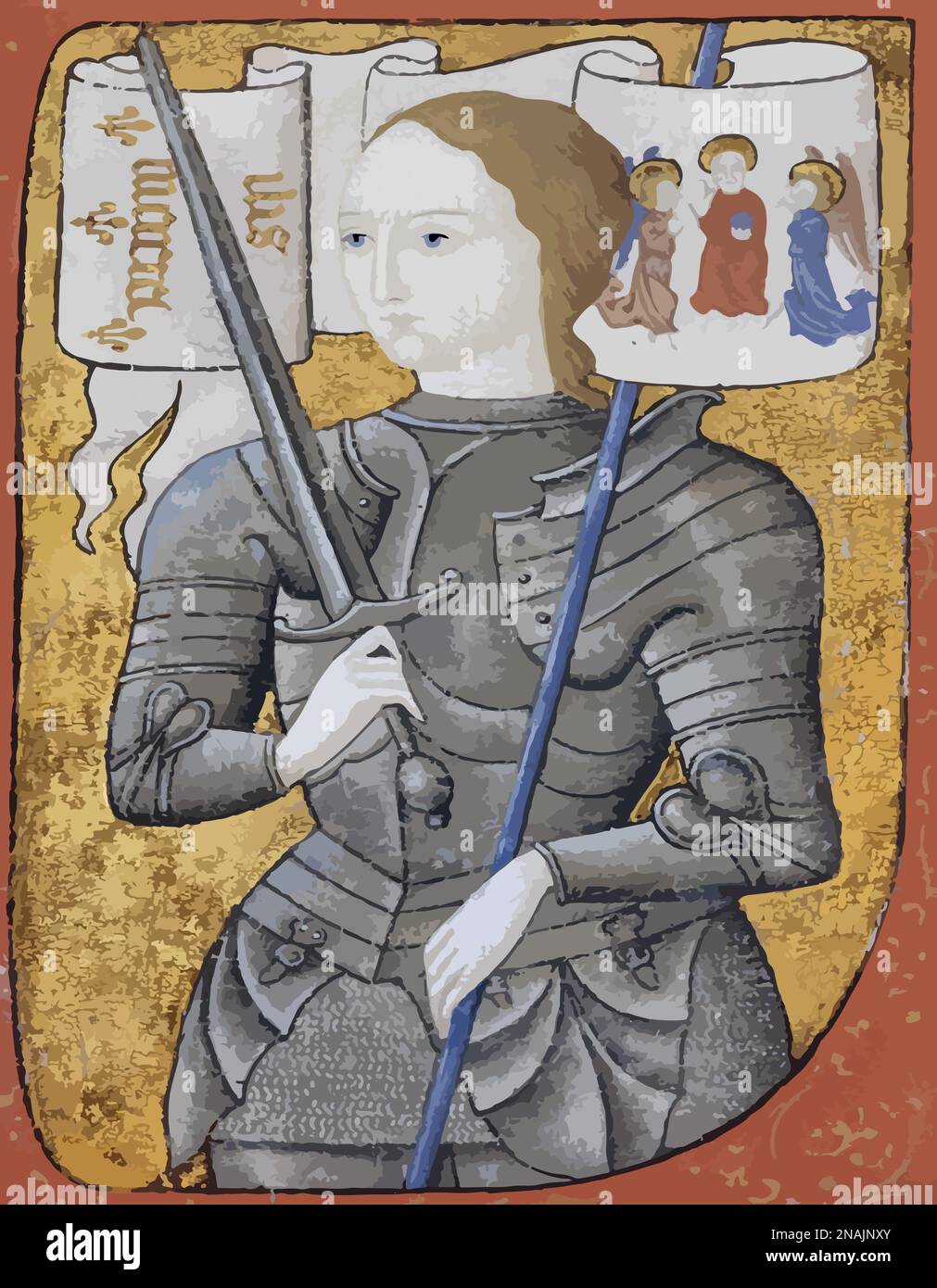 Die Heilige Jeanne d'Arc illustrierte die Beleuchtung in Farbe. Joan D'Arc in Rüstung mit einem Schwert. Heilig und jetzt eine feministische Ikone Stockfoto