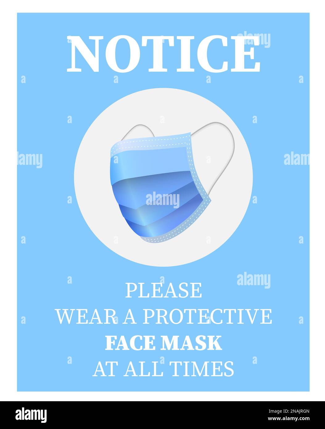 Bitte tragen Sie eine Gesichtsmaske oder einen Aufkleber mit blau Symbol-Vektor-Illustration der Schutzmaske Stockfoto
