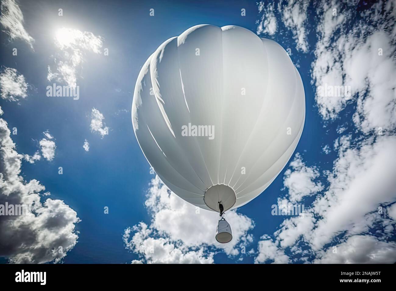 Ein weißer meteorologischer Ballon wird hoch oben am Himmel gezeigt, möglicherweise auf einer Erkundungsmission für die chinesischen Behörden Stockfoto