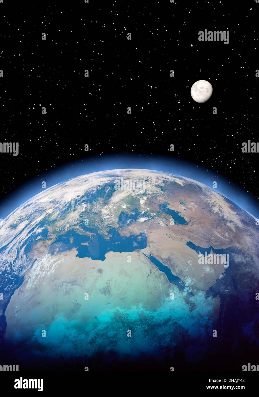 Erde, Mond und Weltraum im Porträtformat Stockfoto