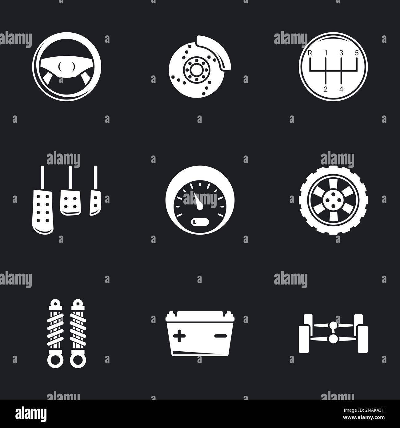 Symbole für Fahrzeugdetails. Schwarzer Hintergrund Stock Vektor