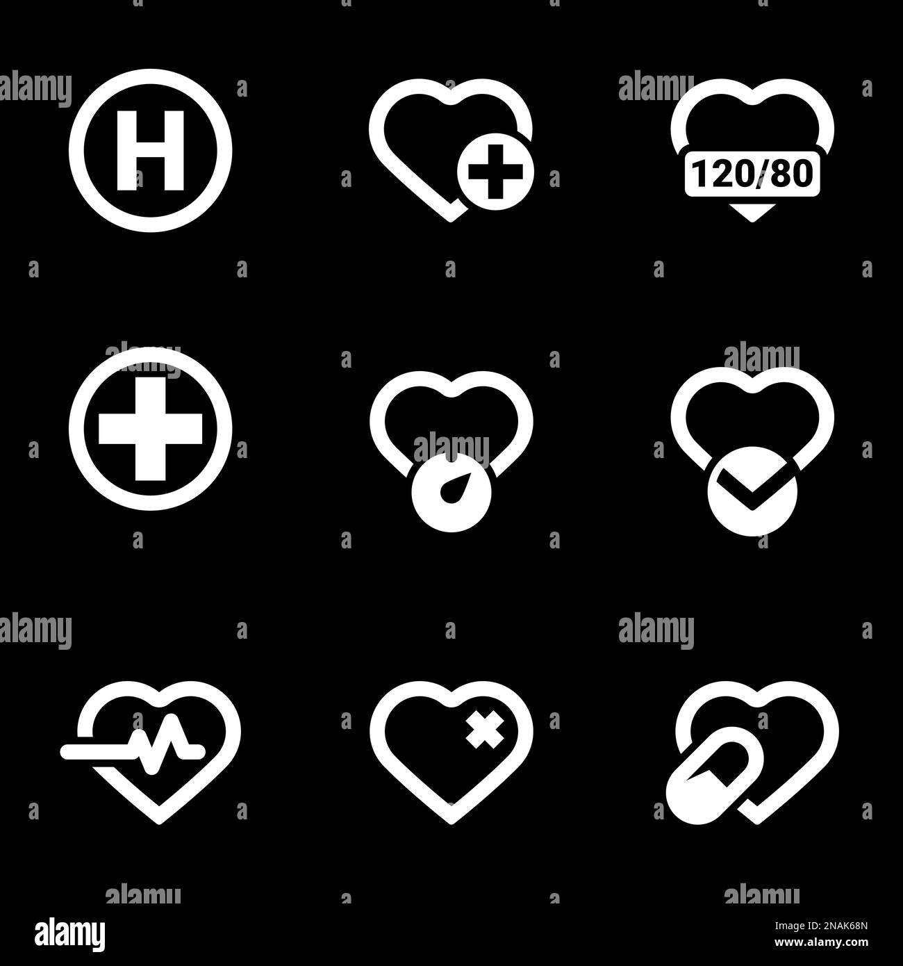 Symbole für das Thema Kardiologie, Herz, Apotheke, Medizin, Vektor, Symbol, Set. Schwarzer Hintergrund Stock Vektor