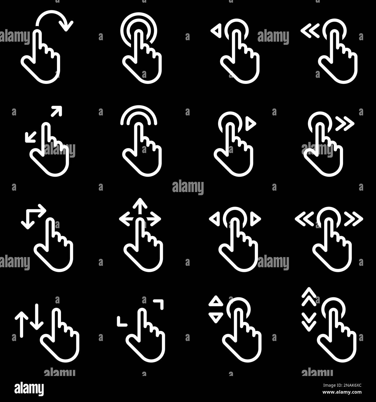 Symbole für das Thema Klicken, Klicken, Hand, Gesten, Vektor, Symbol, Set. Schwarzer Hintergrund Stock Vektor