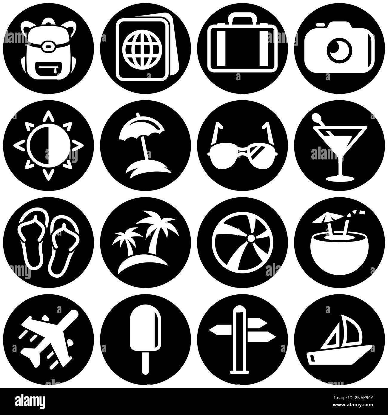 Set von einfachen Symbolen auf ein Thema Reisen, Sommer, Hitze, Eis, Hausschuhe, Unterhaltung, Strand, Vektor, Design, Wohnung, Zeichen, Symbol, Objekt, illustrati Stock Vektor