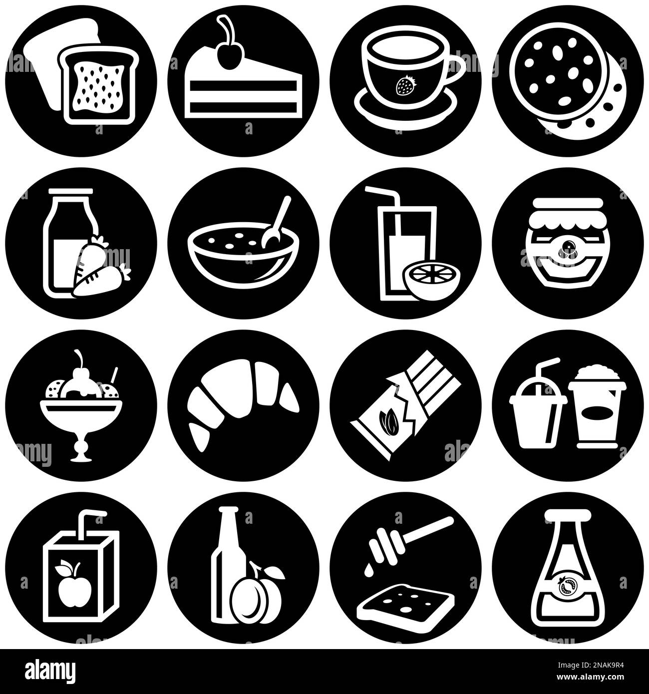 Satz einfacher Symbole zu einem Thema Süßigkeiten, Getränke, Essen, Vektor, Design, Sammlung, flach, Zeichen, Symbol, Element, Objekt, Illustration. Weißer Hintergrund Stock Vektor