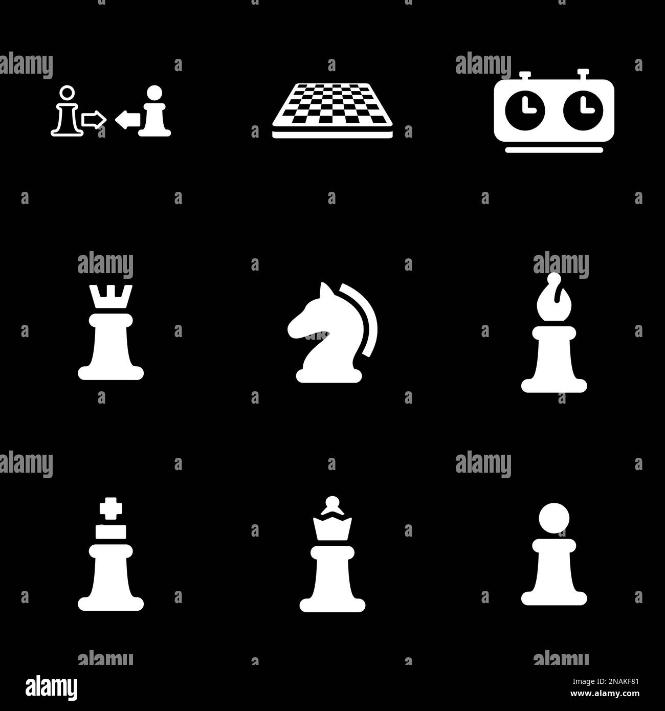 Satz einfacher Symbole für ein Thema Spiel, Schach, Wettkampf, Sport, Vektor, Fertig. Schwarzer Hintergrund Stock Vektor