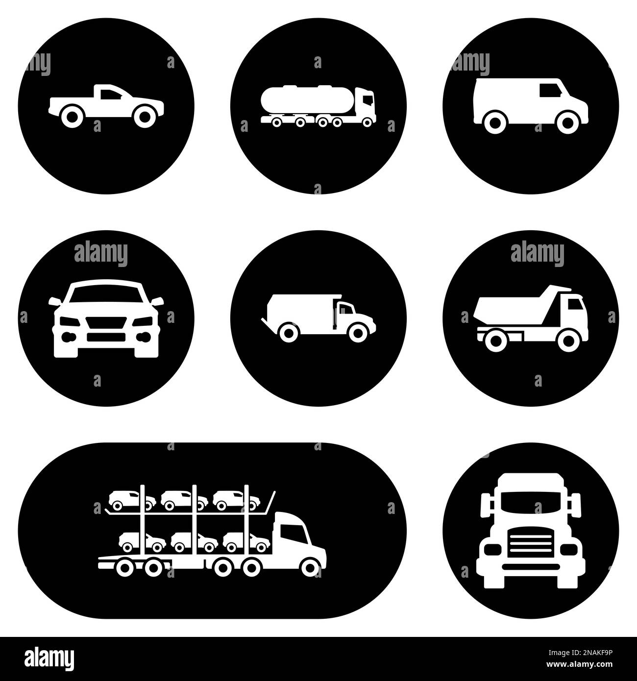 Ein Satz weißer Symbole, isoliert vor schwarzem Hintergrund, auf dem Motto „Auto, Lkw“ Stock Vektor