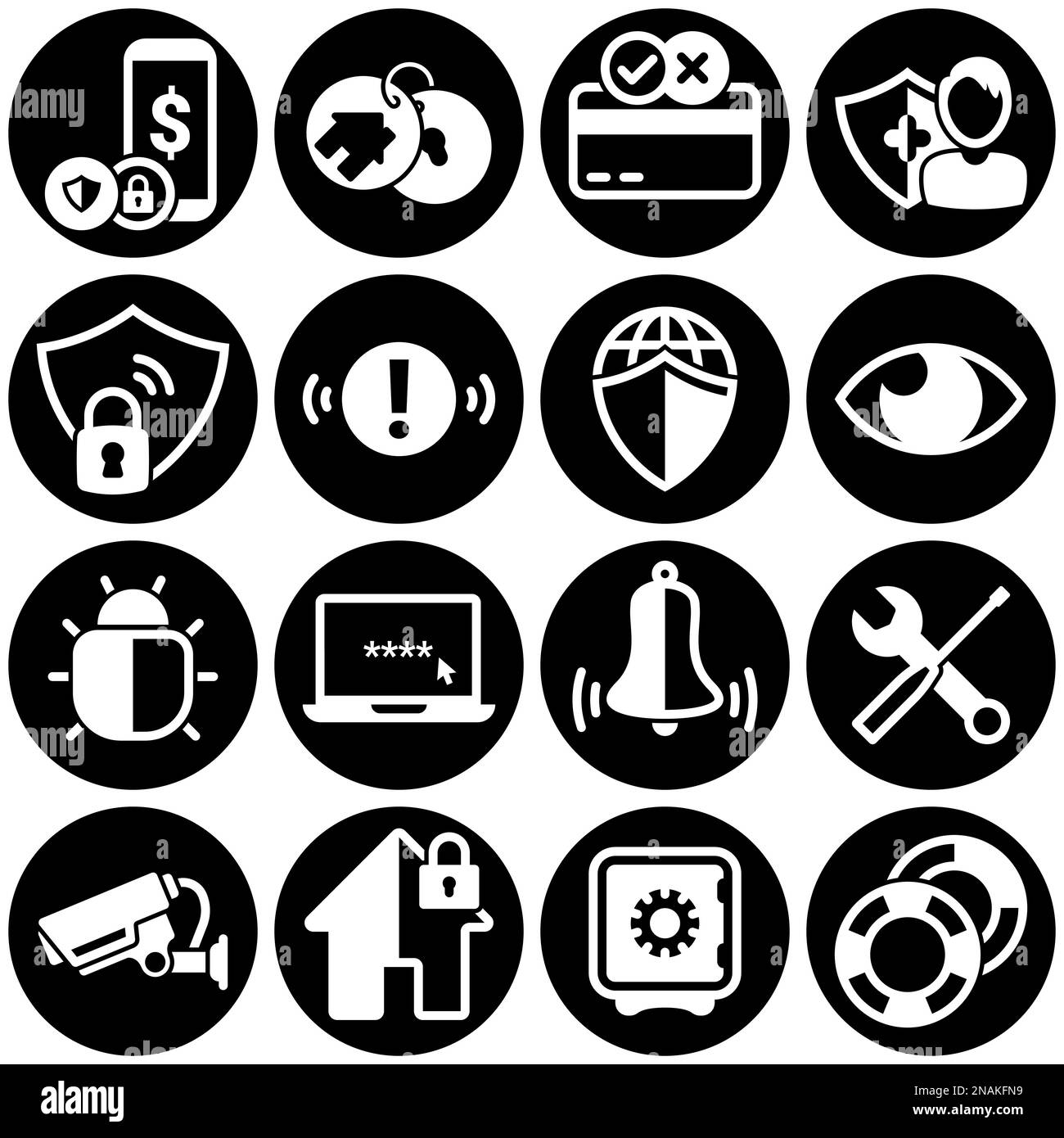Satz von einfachen Symbolen auf einem Thema Sicherheit, Kreditkarte, Versicherung, Internet, Überwachung, Haus, Benachrichtigung, Vektor, Wohnung, Zeichen, Web, Symbol, Objekt. Stock Vektor