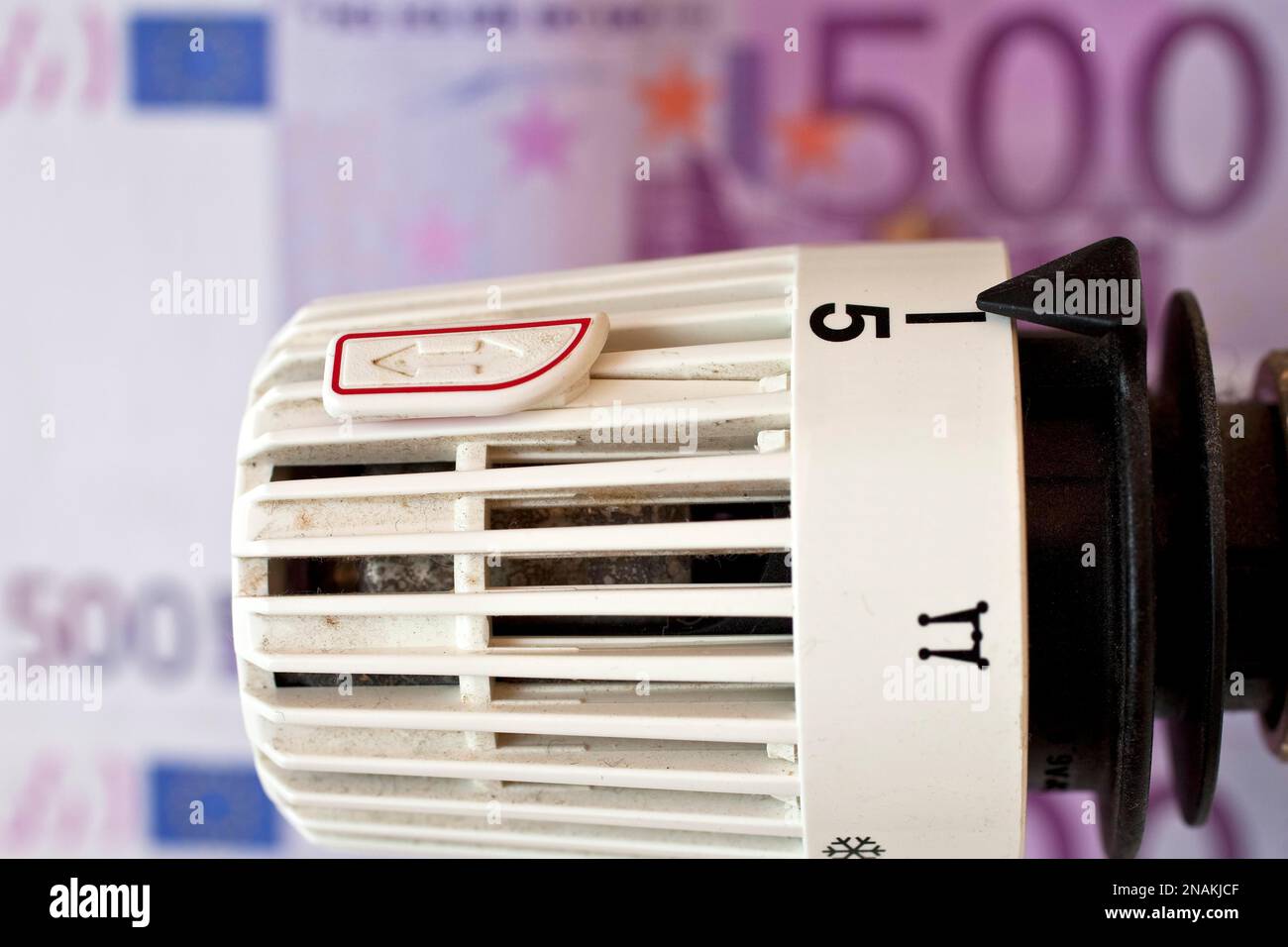 Thermostat vor 500 Euro Schein, symbolisches Bild für sehr hohe Heizkosten, Deutschland Stockfoto