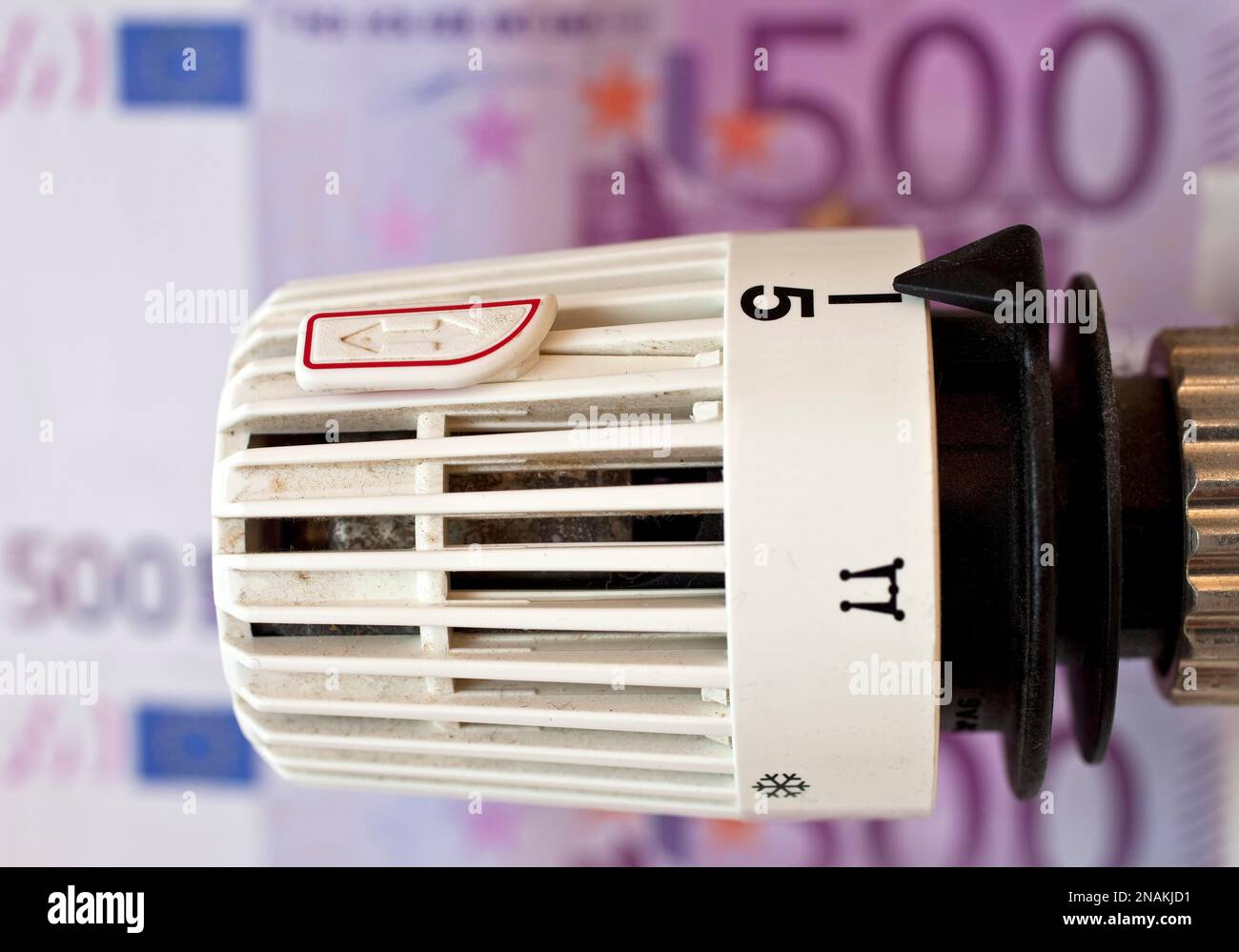 Thermostat vor 500 Euro Schein, symbolisches Bild für sehr hohe Heizkosten, Deutschland Stockfoto